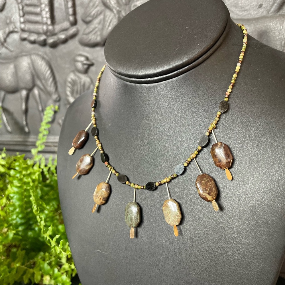 Green stone, Spinel, and Unakite Artisan Necklace